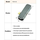 Type-C Usb 3.1 Usb 3.0 Usb 2.0 Hdmi PD 3.5m Giriş Çevirici Hub X5 - 4
