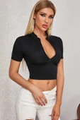Kadın Siyah Yarım Fermuarlı ve Kısa Kollu Crop Top Bluz - 1