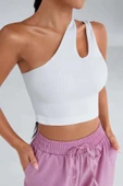 Kadın Beyaz Tek Omuz Cut Out Detaylı Crop Top Bluz - 1