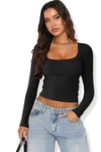 Kadın Siyah Kare Yaka Dantelli Uzun Kollu Crop Top Bluz - 10