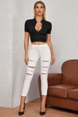 Kadın Siyah Yarım Fermuarlı ve Kısa Kollu Crop Top Bluz - 4