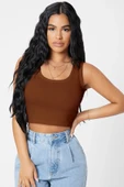 Kadın Kahverengi Kare Yaka Crop Top Bluz - 4