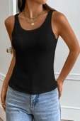 Kadın Siyah Kolsuz Kalın Askılı Uzun Crop Top Bluz & Atlet - 3