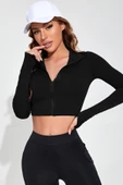 Kadın Siyah Uzun Kol Fermuarlı Parmak Geçme Detaylı Dik Yaka Crop Top Bluz - 4