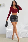 Kadın Bordo Uzun Kol Kare Yaka Crop Top Bluz - 4
