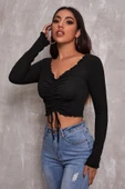 Kadın Siyah Uzun Kollu Büzdürme Bağcık Detaylı Crop Top Bluz - 5