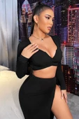Kadın Siyah Uzun Kol Göğüs ve Göbek Dekolteli Fermuarlı Crop Top Bluz - 3