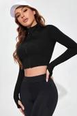 Kadın Siyah Uzun Kol Fermuarlı Parmak Geçme Detaylı Dik Yaka Crop Top Bluz - 5