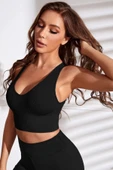 Kadın Siyah Derin Göğüs Dekolteli Şık Crop Top Bluz - 2