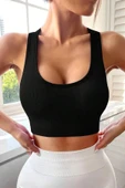 Kadın Siyah Sırtı Çapraz Lastik Detaylı Crop Top Bluz - 2