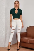 Kadın Yeşil Yarım Fermuarlı ve Kısa Kollu Crop Top Bluz - 4
