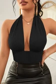 Kadın Siyah Belden Bağlamalı Sırtı Açık Crop Top Bluz - 3