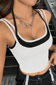 Kadın Siyah Beyaz Çift Renk Çapraz Askılı Crop Top Bluz - 1