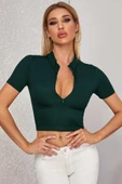Kadın Yeşil Yarım Fermuarlı ve Kısa Kollu Crop Top Bluz - 3