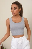 Kadın Gri Kare Yaka Crop Top Bluz - 1