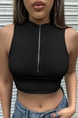 Kadın Siyah Yarım Fermuarlı Sıfır Kol Crop Top Bluz - 5
