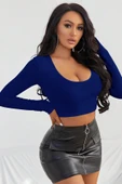 Kadın Mavi Uzun Kol Kare Yaka Crop Top Bluz - 4