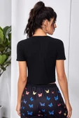 Kadın Siyah Çift Fermuarlı Yarım Kol Crop Top Bluz - 2