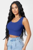 Kadın Lacivert Kare Yaka Crop Top Bluz - 5