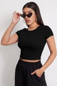 Kadın Siyah Yuvarlak Yaka Yarım Kol Crop Top Bluz - 5