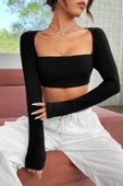 Kadın Siyah Uzun Kol Göğüs ve Sırt Dekolteli Crop Top Bluz - 3