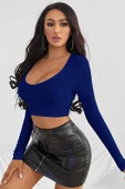 Kadın Mavi Uzun Kol Kare Yaka Crop Top Bluz - 5