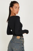 Kadın Siyah Kare Yaka Dantelli Uzun Kollu Crop Top Bluz - 6