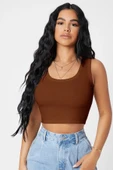 Kadın Kahverengi Kare Yaka Crop Top Bluz - 1