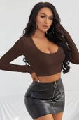 Kadın Kahverengi Uzun Kol Kare Yaka Crop Top Bluz - 5