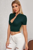 Kadın Yeşil Yarım Fermuarlı ve Kısa Kollu Crop Top Bluz - 5