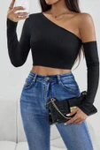 Kadın Siyah Tek Omuz Detaylı Uzun Kol Crop Top Bluz - 6