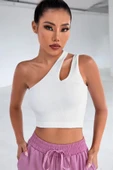 Kadın Beyaz Tek Omuz Cut Out Detaylı Crop Top Bluz - 3