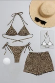 Kadın 3'lü Set Leopar Desenli Şortlu ve Yandan Bağlamalı Bikini Mayo Takımı - 1