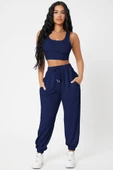 Kadın Lacivert Kaşkorse Cepli Jogger Eşofman Altı ve Crop Top Bluz - 4