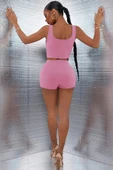 Kadın Pembe Şortlu Crop Top Gecelik Takım - 2