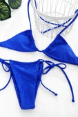 Kadın Mavi Yandan Bağlamalı Tangalı Üçgen Bikini Mayo Takımı - 2