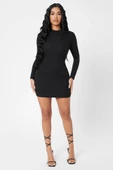 Kadın Siyah Kaşkorse Balıkçı Yaka Uzun Kollu Bodycon Mini Elbise - 3
