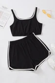 Kadın Siyah Askılı Crop Top ve Şortlu Gecelik Takım - 1