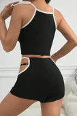 Kadın Siyah Beyaz Şortlu Cut-Out Detaylı Gecelik Takımı - 3