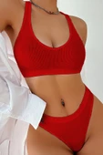 Kadın Kırmızı Desteksiz Seamless Tangalı İç Çamaşır Takımı - 5