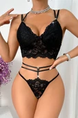 Kadın Siyah Çift Sıra Çapraz Askılı Cut-Out Tanga Detaylı Şık Takım - 3