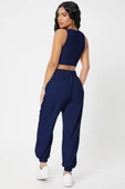 Kadın Lacivert Kaşkorse Cepli Jogger Eşofman Altı ve Crop Top Bluz - 2