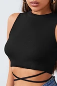 Kadın Siyah Çapraz Bağlamalı Crop Top Büstiyer - 4