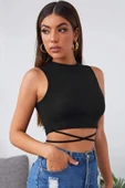 Kadın Siyah Çapraz Bağlamalı Crop Top Büstiyer - 3