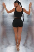 Kadın Siyah Şortlu Crop Top Gecelik Takım - 2