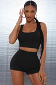 Kadın Siyah Şortlu Crop Top Gecelik Takım - 3