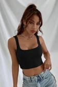 Kadın Siyah Kalın Askılı Crop Top Büstiyer - 1