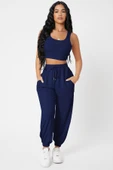 Kadın Lacivert Kaşkorse Cepli Jogger Eşofman Altı ve Crop Top Bluz - 5
