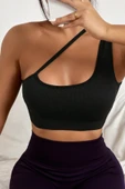Kadın Siyah Tek Omuzlu Çapraz Askılı Crop Top Büstiyer - 4