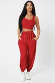 Kadın Kırmızı Kaşkorse Cepli Jogger Eşofman Altı ve Crop Top Bluz - 4